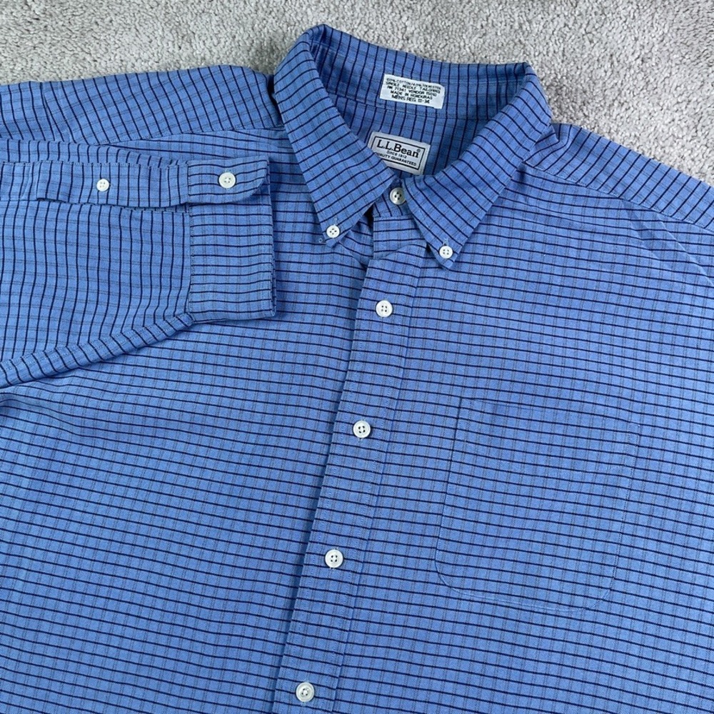 Vintage LL Bean Shirt Mens 18 34 Blue Grid Button Down Long Sleeve Oxford OCBD